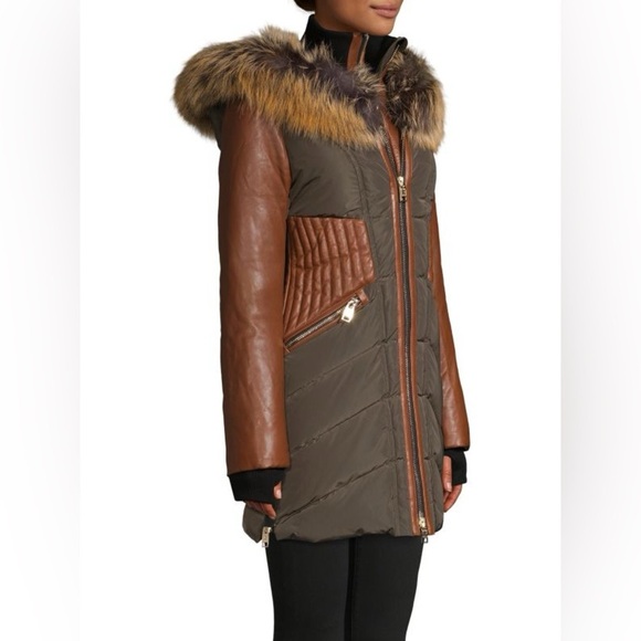 NICOLE BENISTI Courvechal leather&Fox Fur-Trim Chevron Down parka Coat sz small - Picture 5 of 17
